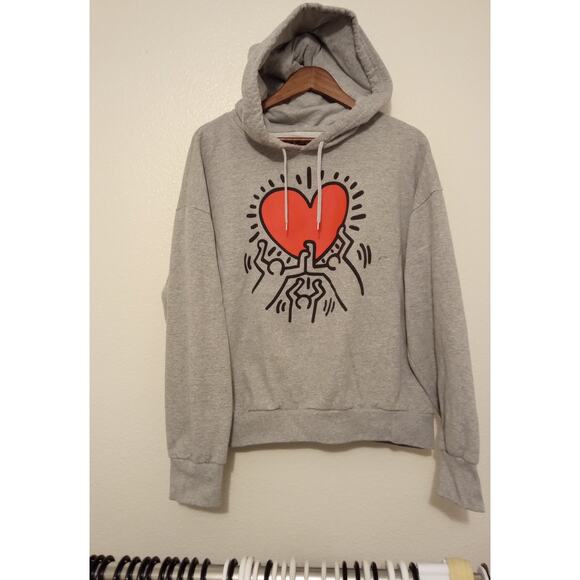Keith Haring Gray Red Women's Graphic Art Dancing Heart Hoodie Sweatshirt SZ XXL - Picture 1 of 5